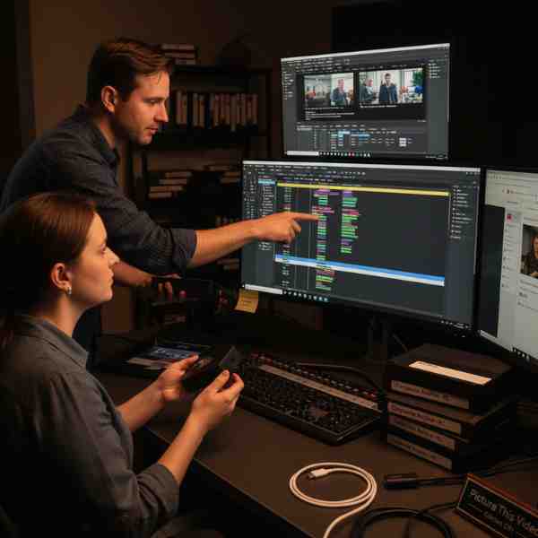 Two video editors are collaboratively working in a dimly lit post-production studio, surrounded by multiple computer monitors displaying professional video editing software. A man stands, pointing at a detailed timeline on the main screen, discussing edits with a woman seated at the desk, who holds a small digital storage device. The screens show high-resolution video footage and editing tools, illustrating the delivery of digital files compatible with Premiere, Final Cut, and streaming platforms for clients needing editable and shareable content like anniversary videos or corporate histories. Storage boxes and cables are visible on the desk, emphasizing a professional workflow.