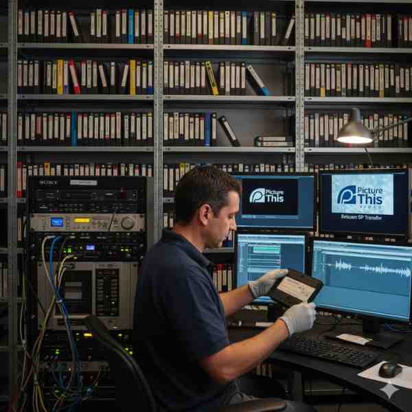 A professional media technician, wearing white gloves, is working in a specialized studio with walls of shelves filled with archived video tapes. He is holding a Betacam SP tape while seated at a desk with multiple monitors displaying "Picture This Video" branding, video playback, and audio waveforms. To his left, a rack of professional broadcast equipment, including a Sony Betacam SP deck, is visible with numerous cables, illustrating the expertise and specialized equipment required for transferring various Beta formats to digital.