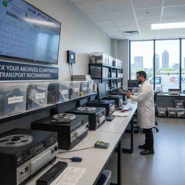 A technician in a white lab coat meticulously works with analog tape machines in a well-lit studio. On the wall, a digital calendar displays "SUMMER 2024," next to a screen warning about climate-controlled transport. Various tapes and equipment are neatly stored on shelves and tables, with a large window in the background overlooking a cityscape and a white van with AKC on its side.