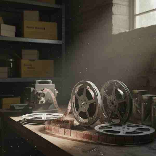 An old film projector and several reels of aged, dusty film sit on a wooden table in a dimly lit room, suggesting a basement or attic storage. Sunlight streams in from a window on the right, illuminating dust motes in the air. Yellow storage boxes labeled "Family Movies" are visible on shelves in the background, reinforcing the theme of preserved memories.