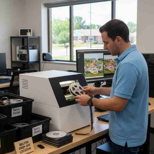 a man in a blue shirt loads a wheel of 8mm film into a transfer machine