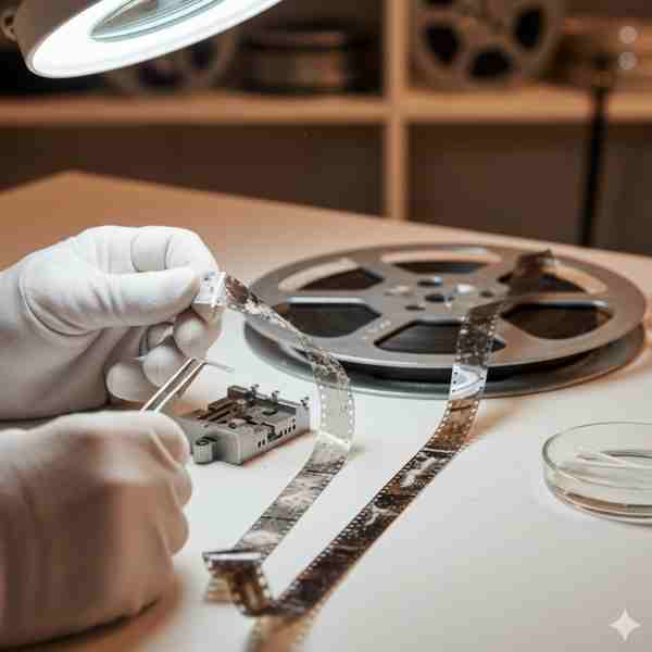 A pair of gloved hands meticulously inspects and repairs a strip of old, damaged film covered in white mold spots, using tweezers and a specialized film splicing tool. Several film reels are visible on the white table, alongside cotton swabs and a magnifying lamp, highlighting the delicate process of film restoration.