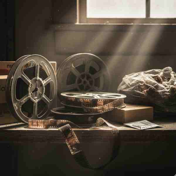 Sunlight streams through a window, illuminating dust motes around several old film reels and cardboard boxes on a dusty wooden shelf. One reel is partially unwound, showing fragile film. A plastic bag filled with what appears to be deteriorated film fragments sits to the right, emphasizing the theme of aging and damaged home movies.