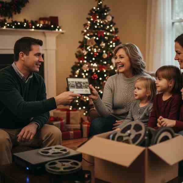 A happy family, including a man, two women, and two young girls, gathers in a festive living room decorated with a Christmas tree and garland. The man is presenting a digital tablet displaying old photographs to an older woman, who is smiling. An open cardboard box filled with old film reels sits on a coffee table, next to a DVD player, suggesting the digitization of family memories.