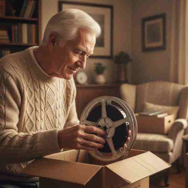 An elderly man with white hair, wearing a cozy knit sweater, is carefully lifting a large reel of 16mm film from a cardboard box. He has a soft, nostalgic smile as he examines the film. The background of a warm, inviting living room with bookshelves and an armchair suggests he's rediscovering old family memories.
