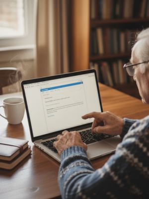 An elderly man sits at a wooden table using a laptop.