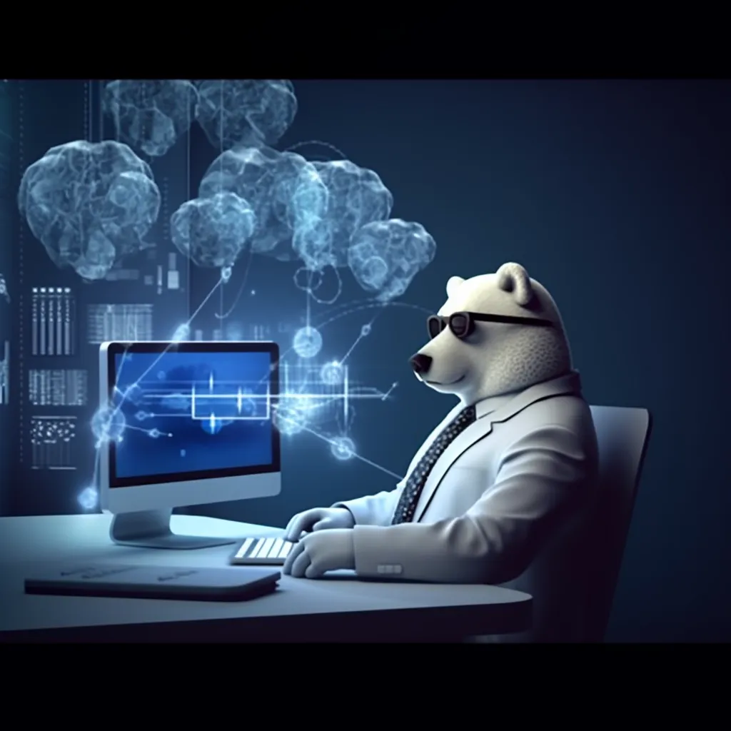 Polar bear at desk with holograms