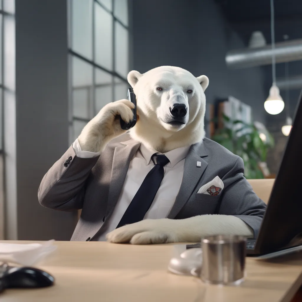 polar hear on phone at desk in suit