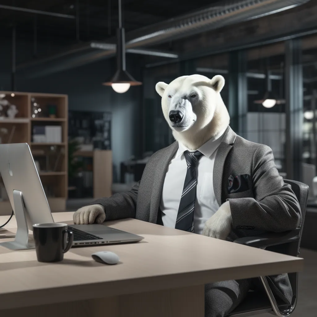 smart polar bear in office at desk doing work