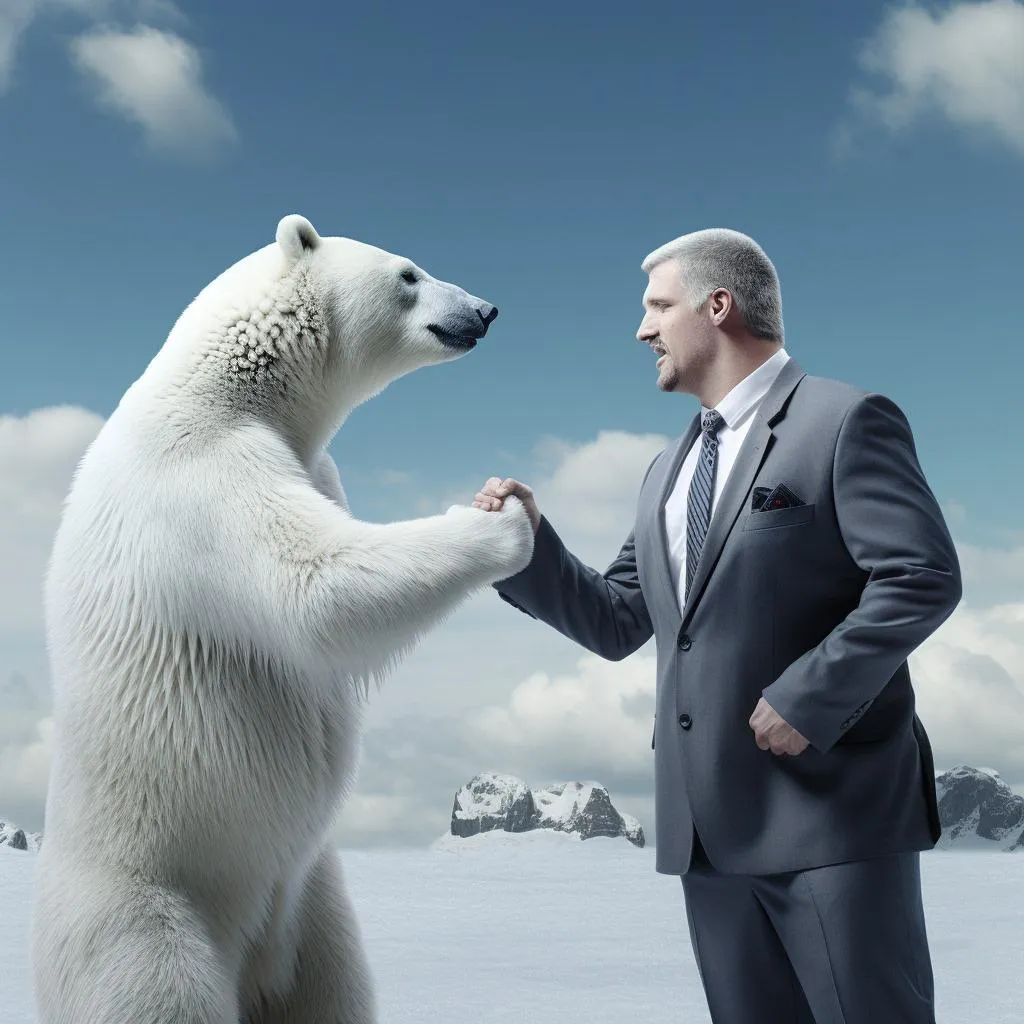 polar bear shaking hands with man in suit