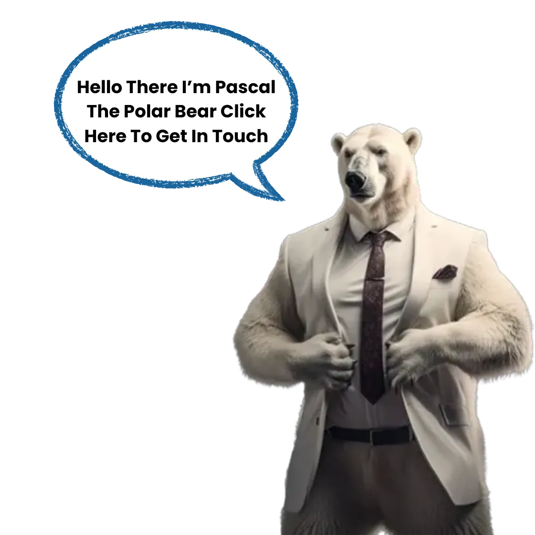 Polar bear saying hello and to click to get in ouch