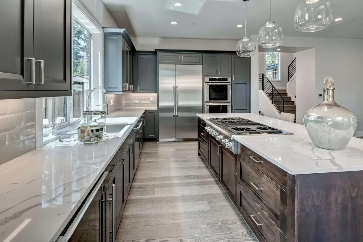 A beautifully renovated bathroom with modern fixtures, glass shower, and elegant tilework, photographed in natural light, showcasing the transformation achieved by a remodeling business using the agency’s lead generation service.