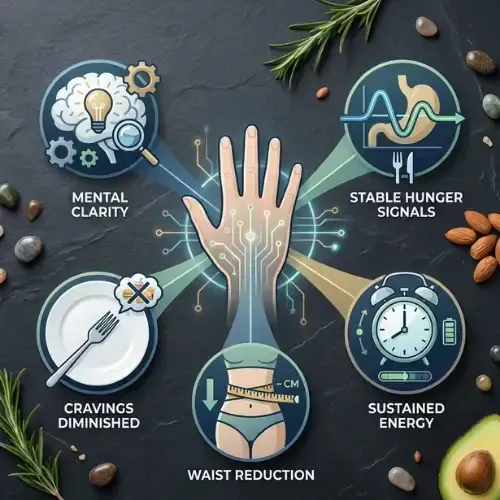 Intermittent fasting infographic: mental clarity, fewer cravings, stable hunger, sustained energy, reduced waist size