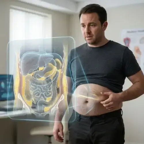 Man holding belly fat with digestive system overlay, illustrating metabolism and gut health impact