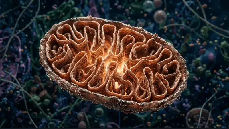 Mitochondria structure inside a human cell illustrating cellular energy production and metabolic health.
