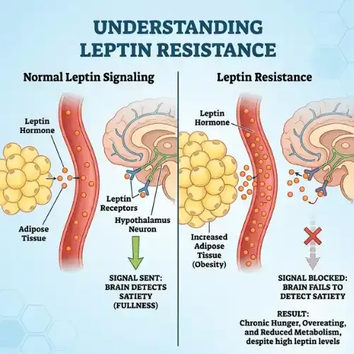Infographic showing how leptin works: leptin hormones binding to receptors to regulate appetite and energy balance.