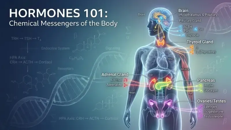 Hormones 101: chemical messengers of body. Human body highlighting hormone-producing glands