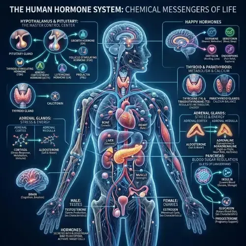 human body highlighting hormone-producing glands and their functions, including the brain, thyroid, pancreas and reproductive organs