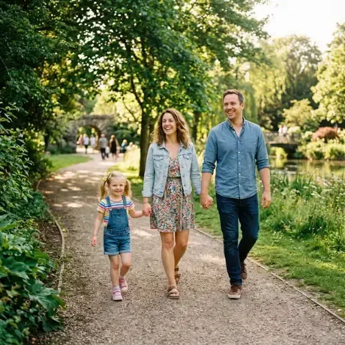 Family of three walking on a sunny park path, parents holding their young daughter's hands