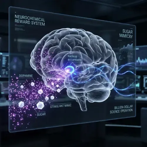 Holographic display showing the human brain's neurochemical reward system activated by sugar and stimulants in the nucleus accumbens.