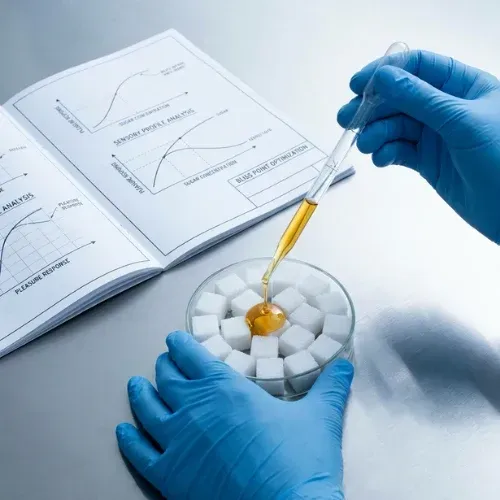 Scientist drops amber liquid from a pipette onto a sugar cube in a petri dish next to an open document with sensory analysis graphs.
