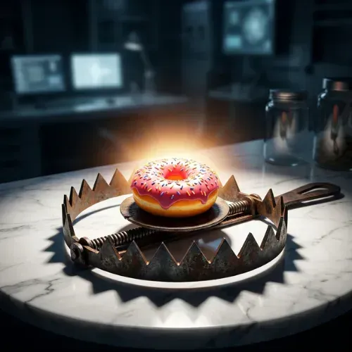 A pink-frosted donut sits on the trigger plate of a large, jagged metal trap set.