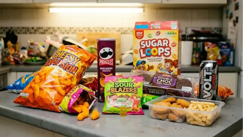 Ultra-processed food vs real food. Junk food processed snack packets spread across a counter