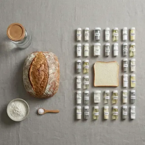 Loaf of bread, flour, and salt beside many small labeled bottles and a slice of white bread on neutral background