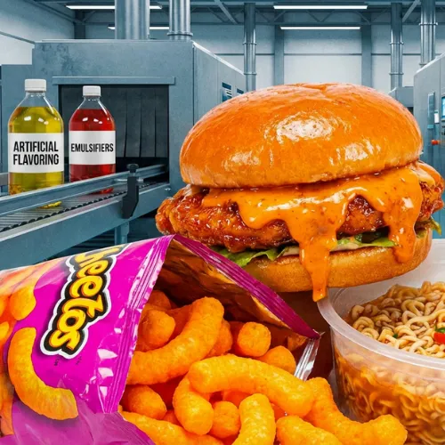healthy food vs processed food. Burger, artificial flavored drinks and noodles