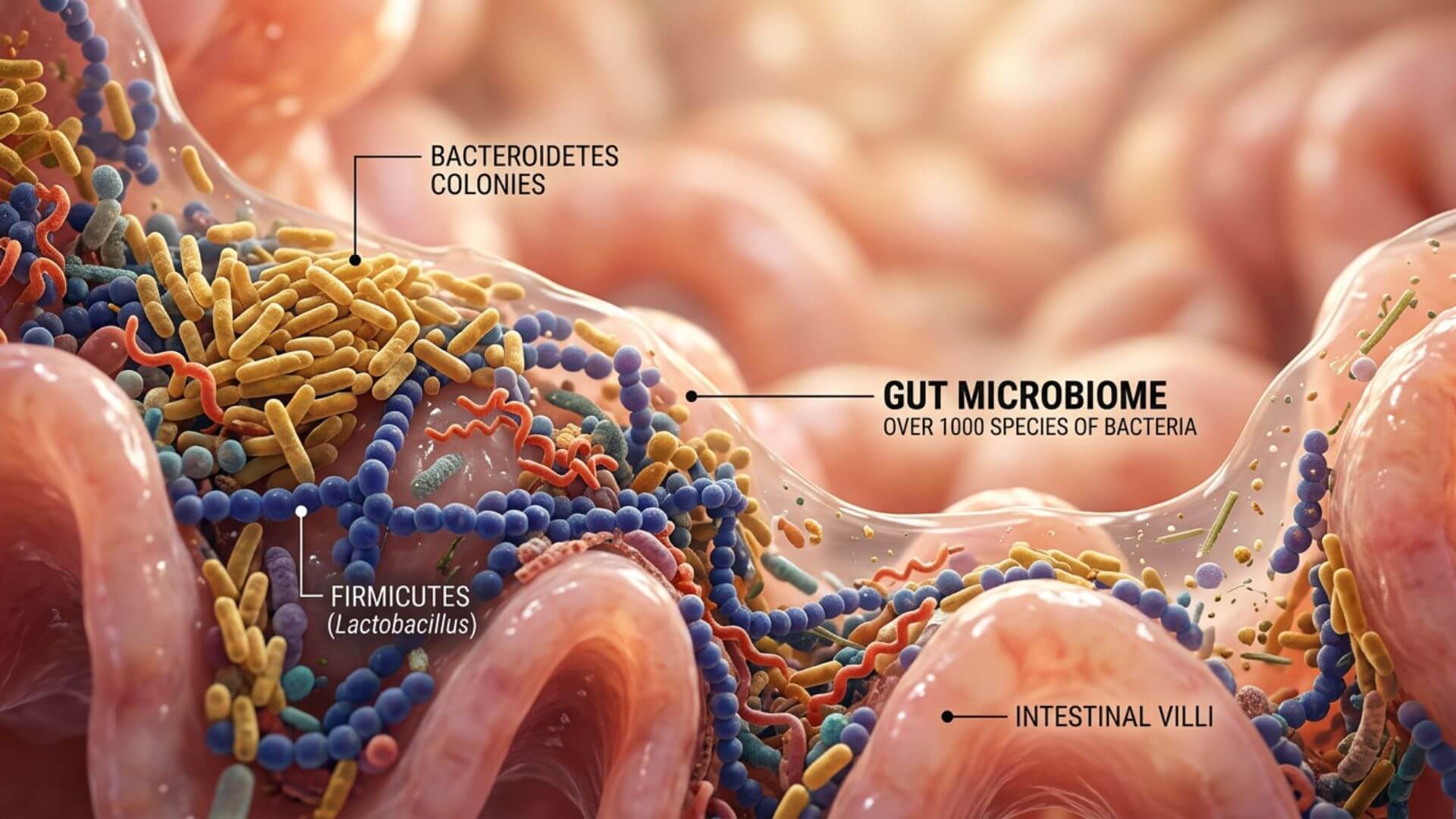 How to improve your gut microbiome naturally. gut microbiome with Bacteroidetes and Firmicutes on intestinal villi showing diverse bacteria ecosystem