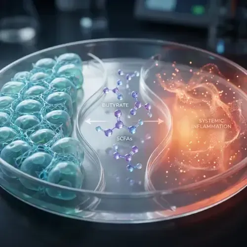 gut health microbiome illustration showing butyrate and SCFAs balancing inflammation and supporting digestive health