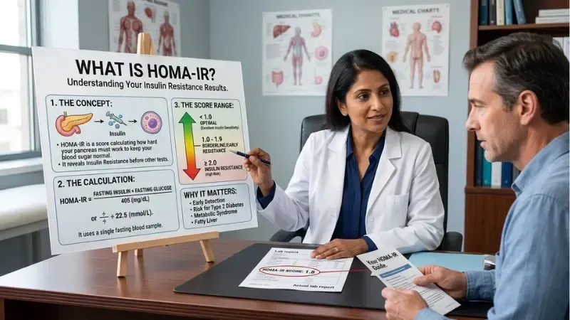 Doctor explaining HOMA-IR chart to patient, showing insulin resistance concept, calculation and health impact