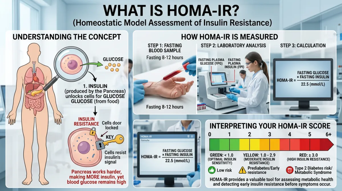 Infographic explaining HOMA-IR, insulin resistance process, testing steps, formula, and score interpretation scale