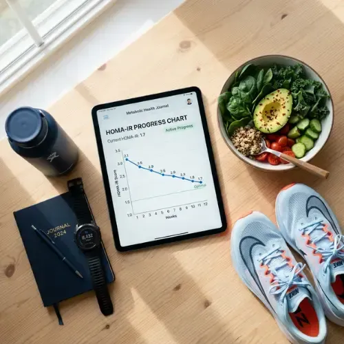 Tablet showing HOMA-IR progress chart with healthy meal, water bottle, sneakers, and fitness tracking items