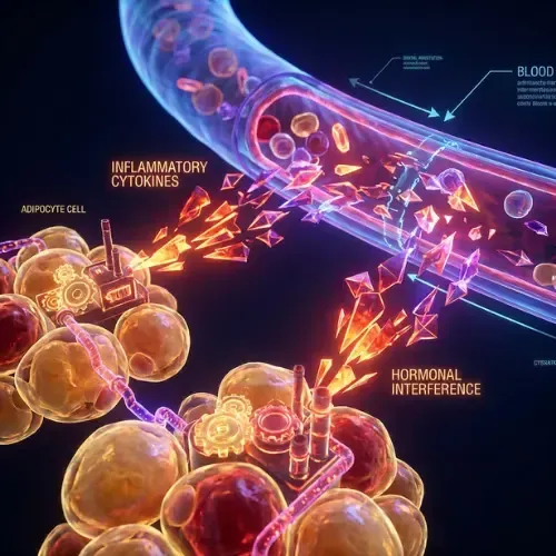 Visceral Fat vs Subcutaneous Fat: illustration showing adipocyte cells releasing inflammatory cytokines and hormonal interference into a blood vessel containing blood cells.