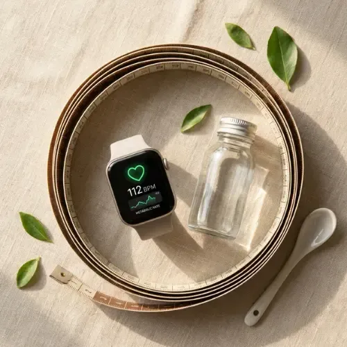 Overhead view of a smartwatch displaying 112 BPM next to a small glass bottle and spoon, arranged inside a coiled measuring tape with scattered green leaves.