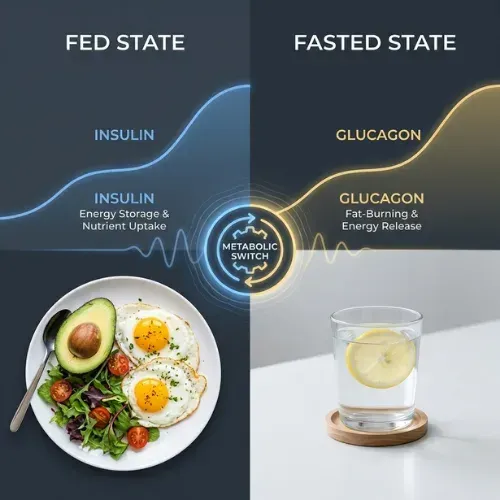 Infographic contrasting the Fed State, showing insulin, a plate of eggs and avocado, with the Fasted State, showing glucagon, a glass of water with lemon, centered around a "Metabolic Switch" diagram