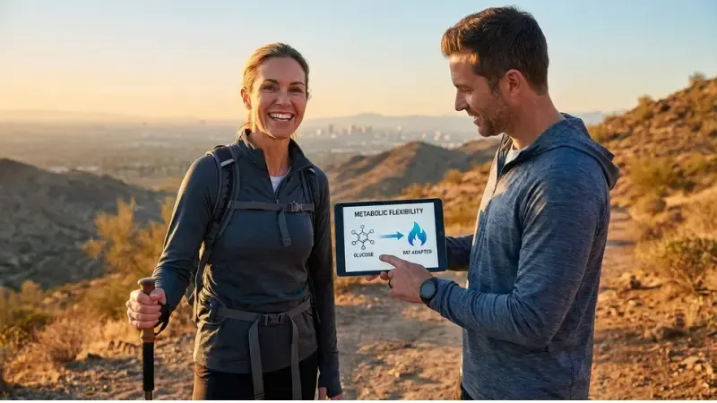 Smiling hikers stand on a sunny desert trail overlooking a city, while a man points to a tablet displaying a diagram about metabolic flexibility.