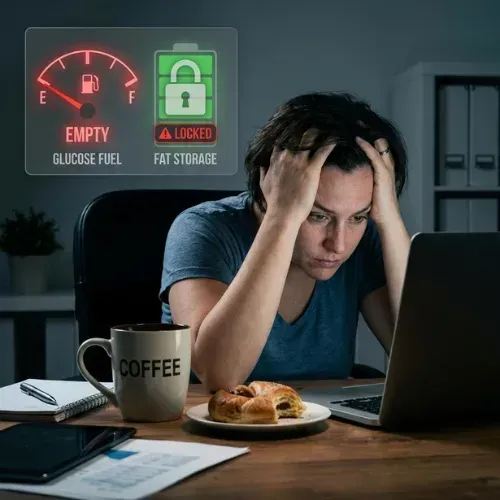 woman looking at a laptop with a holographic display showing "Empty Glucose Fuel" and "Fat Storage Locked