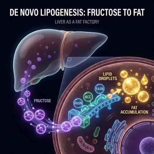 Diagram illustrating de novo lipogenesis where fructose is converted to fat accumulation in the liver via a cellular process involving ACC and FASN enzymes.