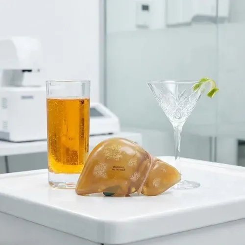 A model of a human liver sits on a white surface between a glass of amber beer and an empty crystal martini glass with a lime garnish,