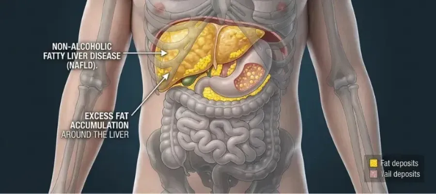 Medical illustration showing the abdomen with the rib cage, highlighting the liver affected by Non-Alcoholic Fatty Liver Disease (NAFLD) due to excess fat accumulation.