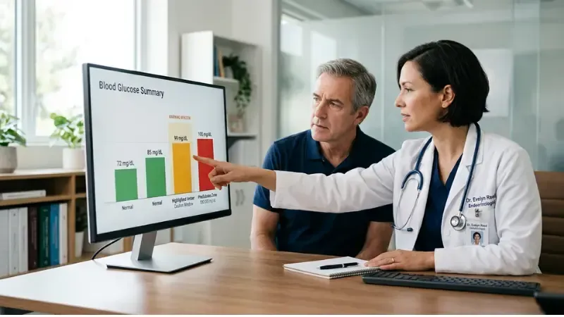 You Were Just Diagnosed With Prediabetes: endocrinologist points to a Blood Glucose Summary bar chart on a monitor while consulting with a patient.