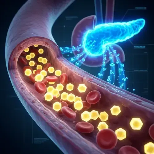 Medical illustration showing a glowing blue pancreas releasing particles into a blood vessel filled with red blood cells and bright yellow hexagonal sugar molecules.