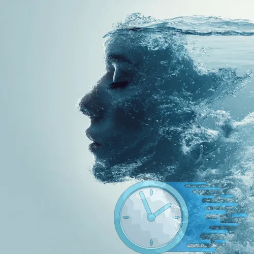 face composed of splashing water, superimposed over a stylized light blue clock icon suggesting the passage of time