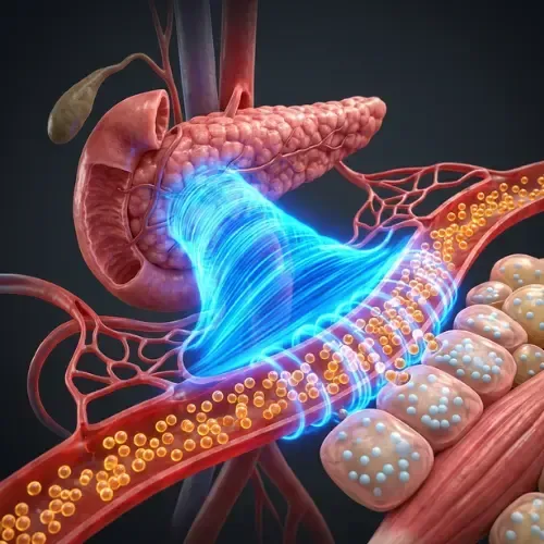 illustration showing insulin signaling from the pancreas directing glucose uptake into muscle cells via a glowing blue energy pathway