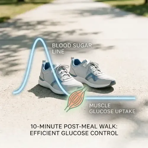 shoes rest on a sidewalk illustrating a diagram showing a blood sugar curve dipping due to muscle glucose uptake from a 10-minute post-meal walk for glucose control