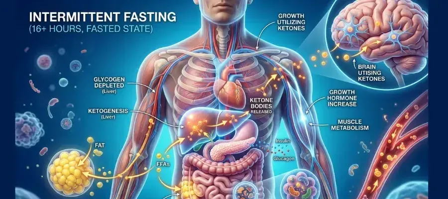 Intermittent Fasting Helps With Insulin Resistance: Diagram illustrating the metabolic changes during intermittent fasting (16+ hours)