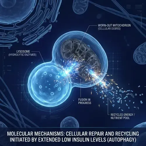 Illustration showing the cellular recycling process of autophagy, where a lysosome fuses with a worn-out mitochondrion to create a recycled energy and nutrient pool.