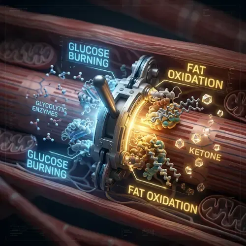 illustration shows a metabolic switch mechanism within muscle tissue directing energy pathways between glucose burning and fat oxidation, with glowing labels and molecular structures.